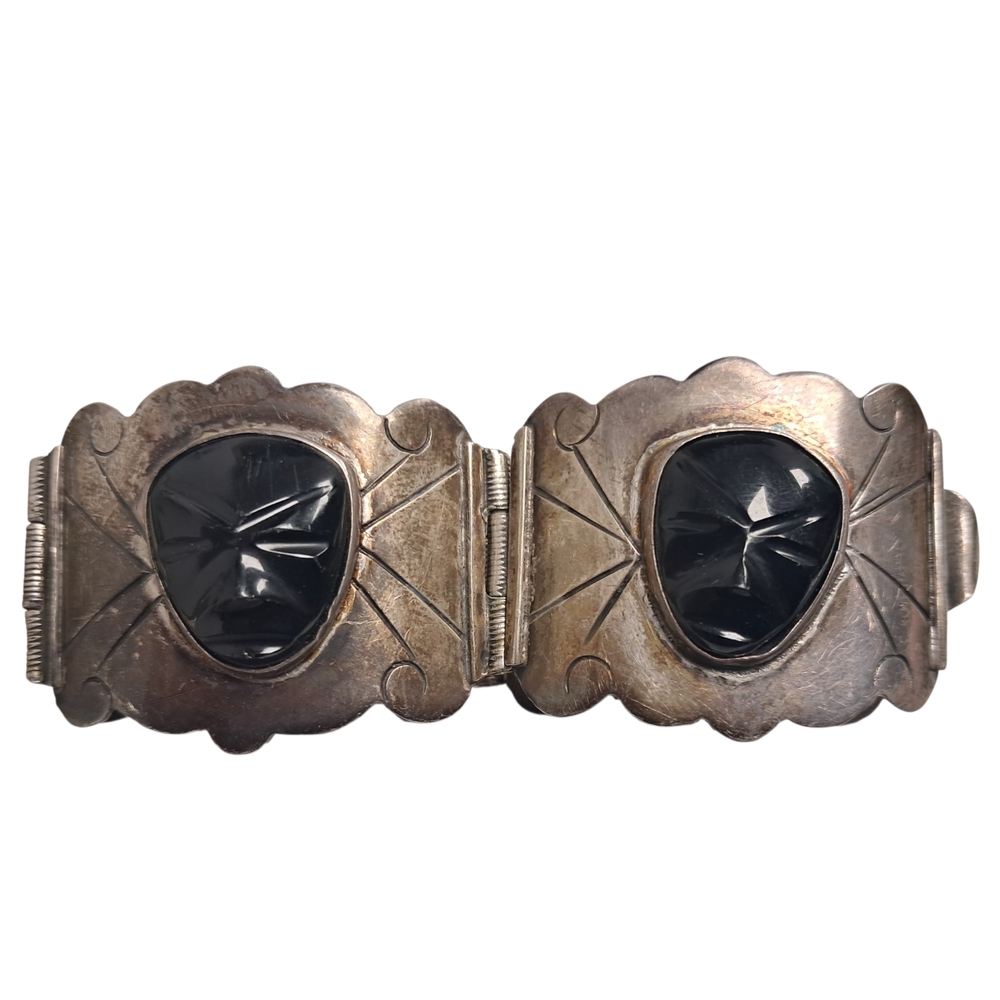Vintage Mexican Silver and  Carved Black Onyx Face Panel Bracelet